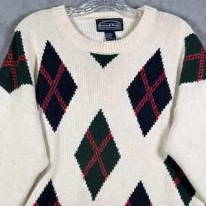 Bowen & Wright Mens Sweater M Ivory Black Red Diamond Print Chunky VNeck Grandpa